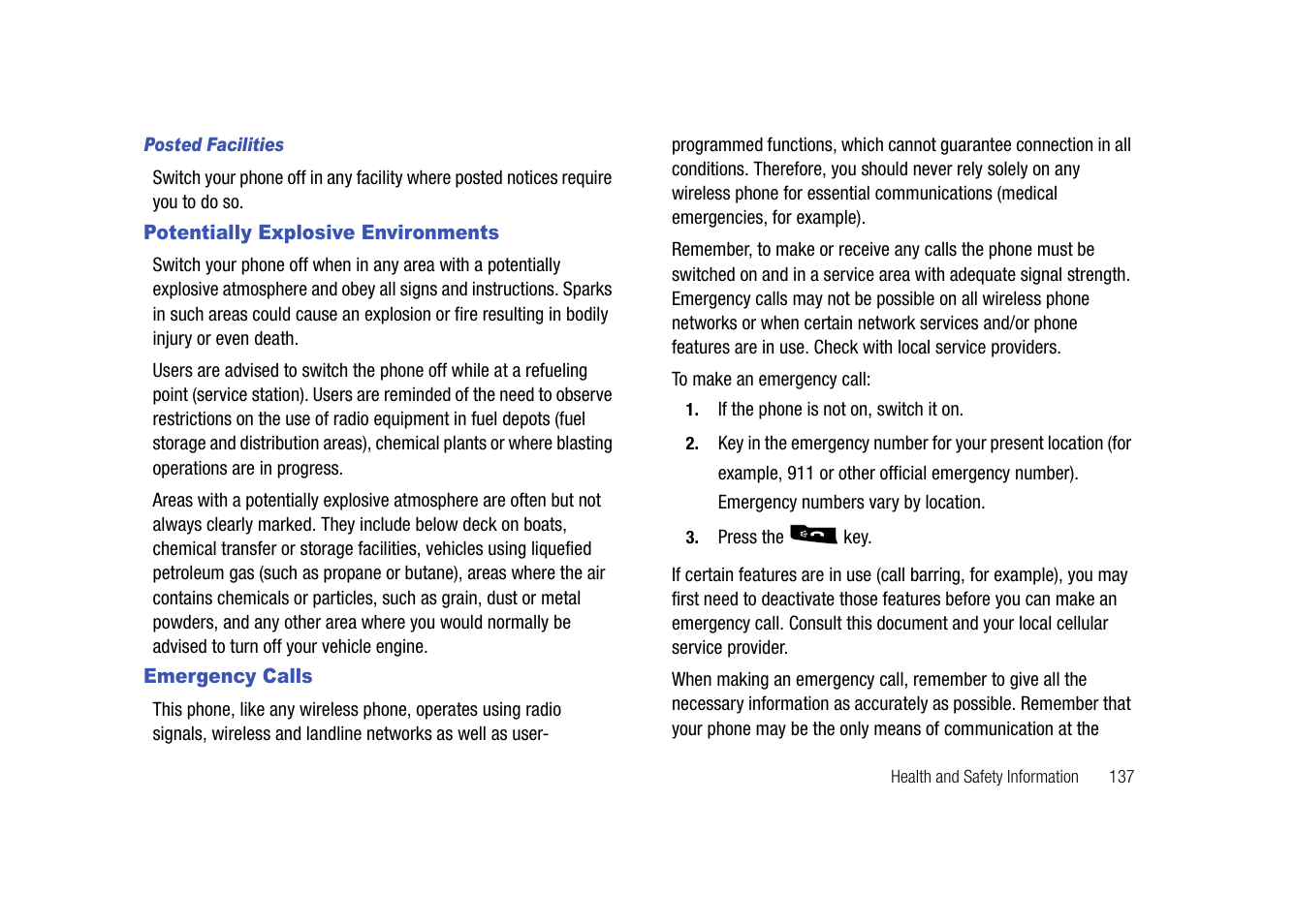 Potentially explosive environments, Emergency calls, Potentially explosive environments emergency calls | Samsung SGH-I907ZKAATT User Manual | Page 162 / 176