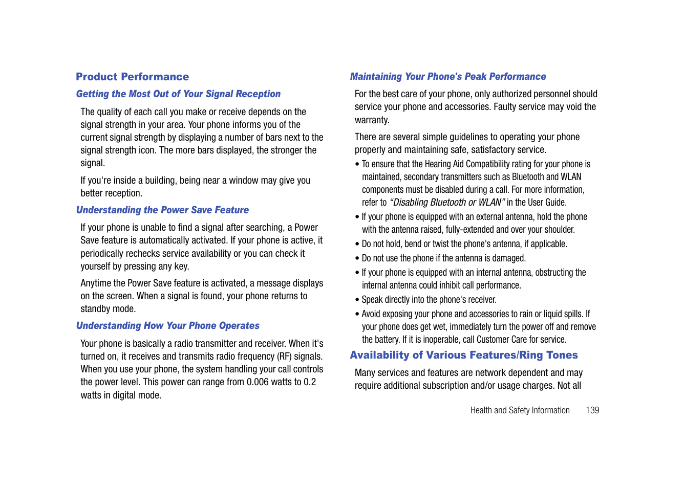 Product performance, Availability of various features/ring tones | Samsung SGH-I907ZKAATT User Manual | Page 164 / 176