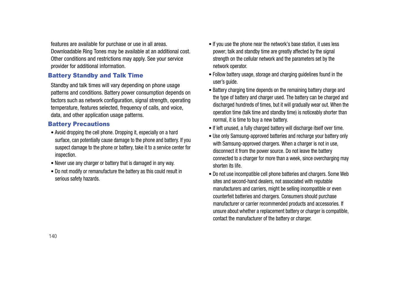 Battery standby and talk time, Battery precautions, Battery standby and talk time battery precautions | Samsung SGH-I907ZKAATT User Manual | Page 165 / 176