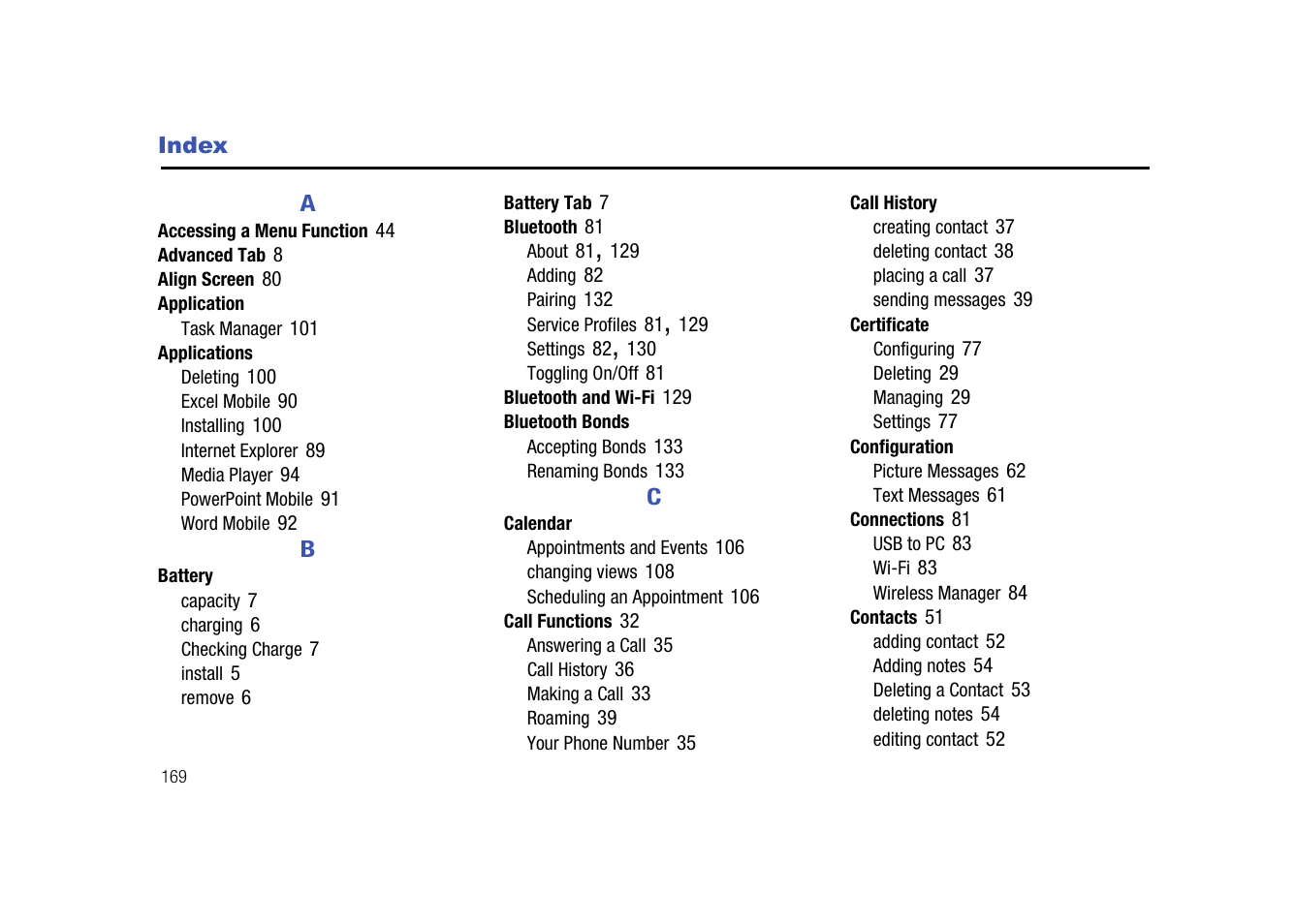 Index | Samsung SGH-I907ZKAATT User Manual | Page 172 / 176