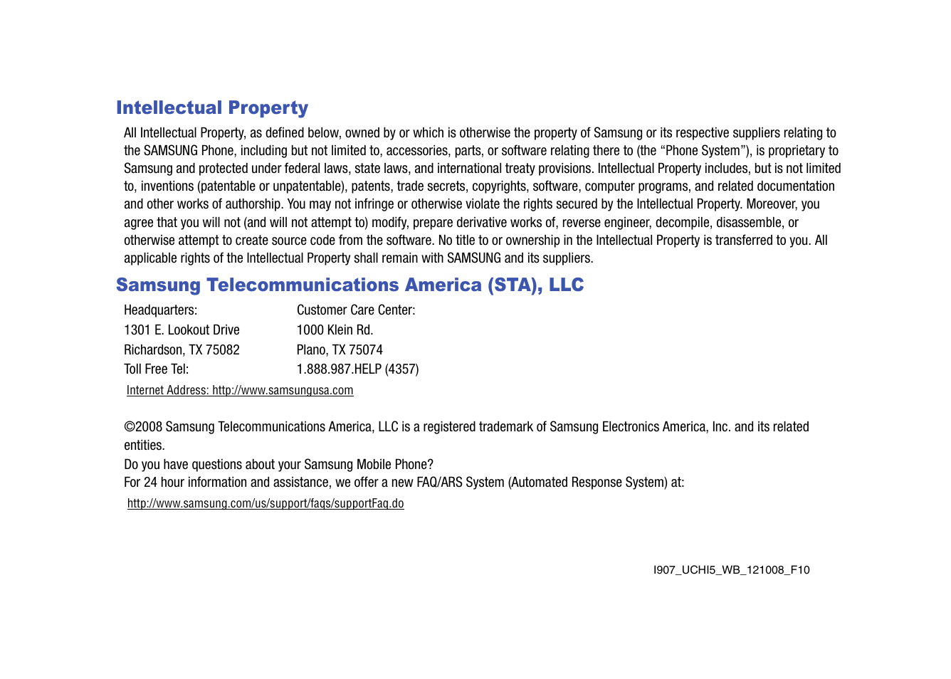 Intellectual property, Samsung telecommunications america (sta), llc | Samsung SGH-I907ZKAATT User Manual | Page 2 / 176