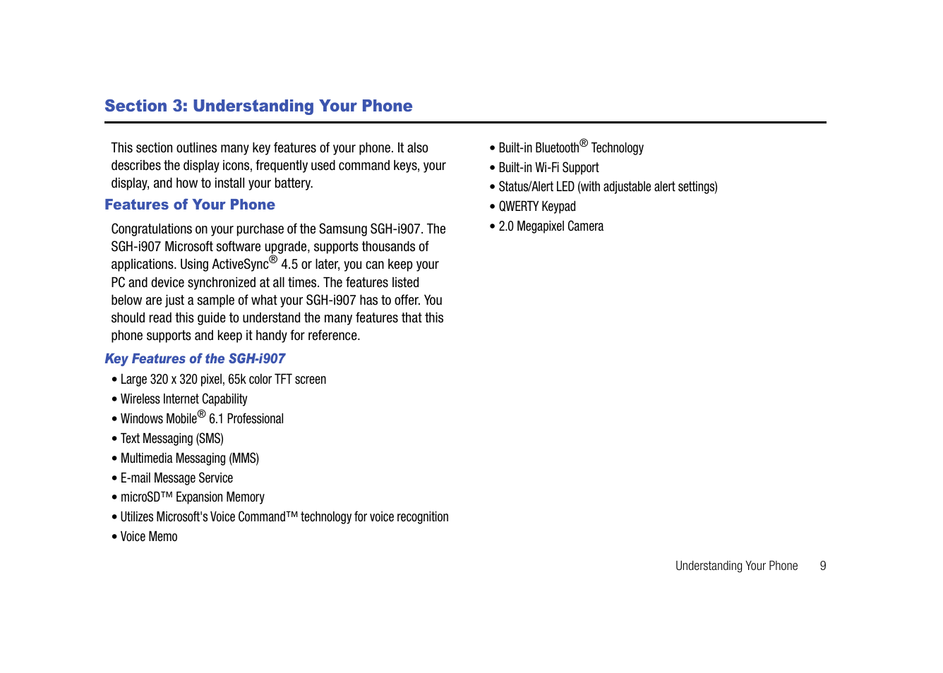 Section 3: understanding your phone, Features of your phone | Samsung SGH-I907ZKAATT User Manual | Page 20 / 176