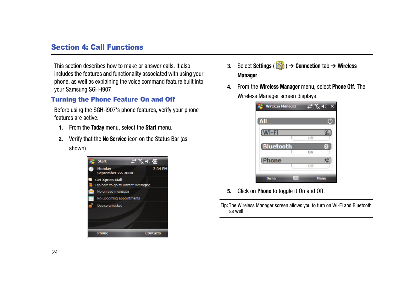 Section 4: call functions, Turning the phone feature on and off | Samsung SGH-I907ZKAATT User Manual | Page 35 / 176