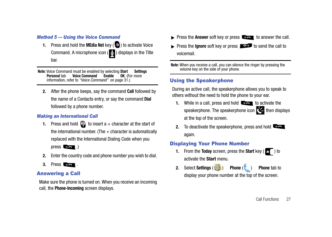 Answering a call, Using the speakerphone, Displaying your phone number | Samsung SGH-I907ZKAATT User Manual | Page 38 / 176