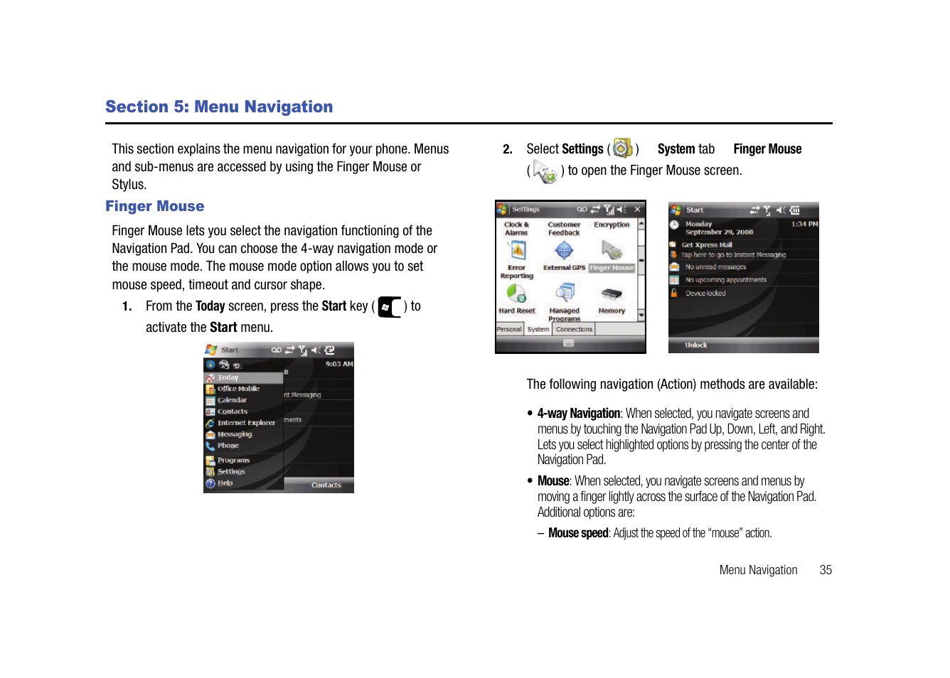 Section 5: menu navigation, Finger mouse | Samsung SGH-I907ZKAATT User Manual | Page 46 / 176