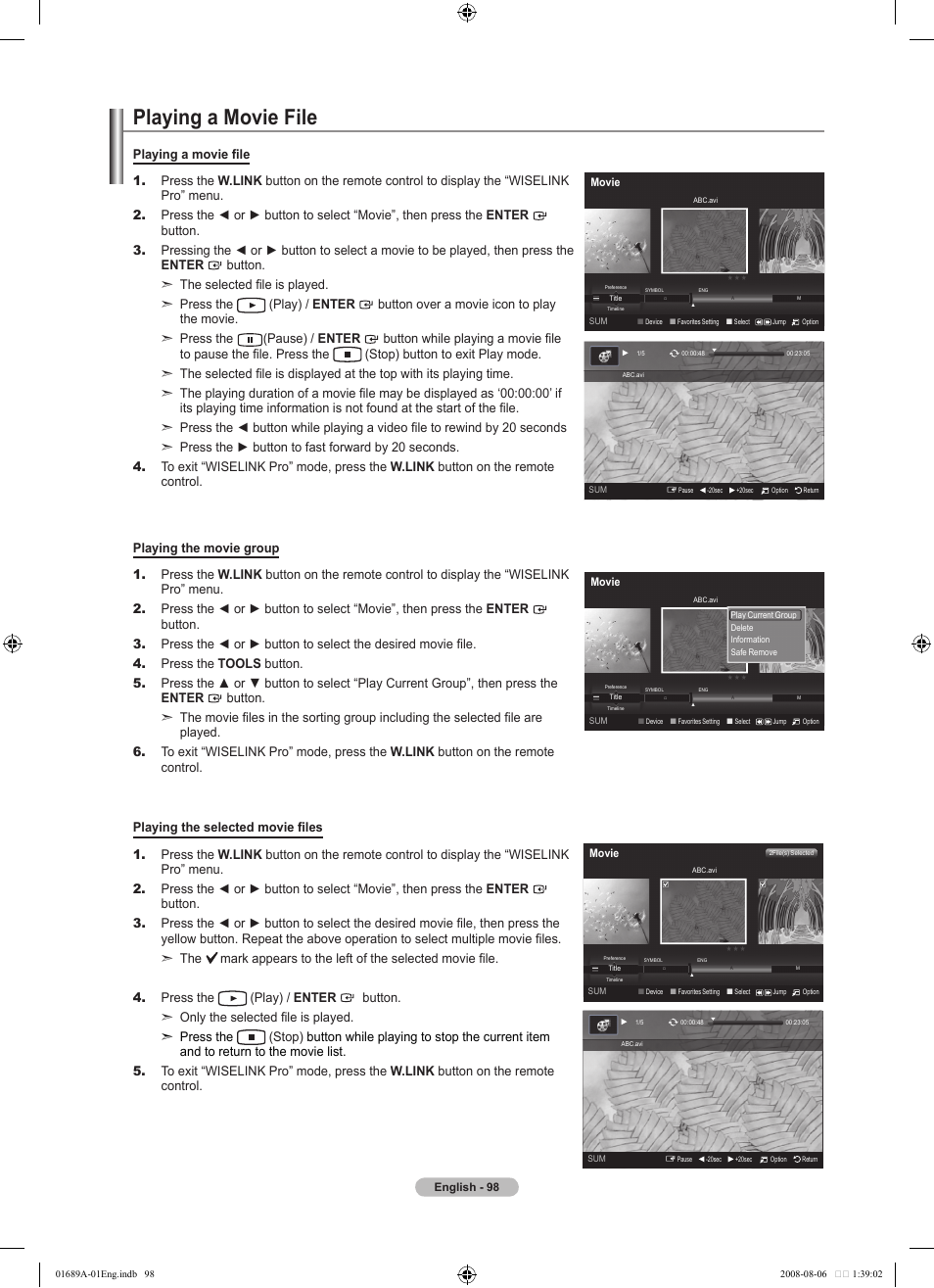 Playing a movie file | Samsung LN46A950D1FXZA User Manual | Page 100 / 155