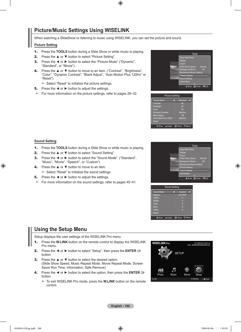 Picture/music settings using wiselink, Using the setup menu | Samsung LN46A950D1FXZA User Manual | Page 102 / 155