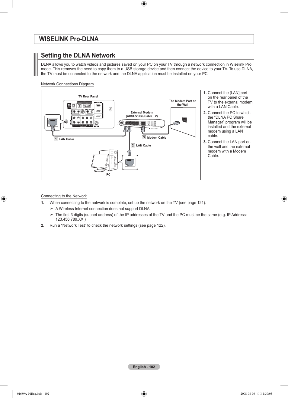 Wiselink pro-dlna, Setting the dlna network | Samsung LN46A950D1FXZA User Manual | Page 104 / 155