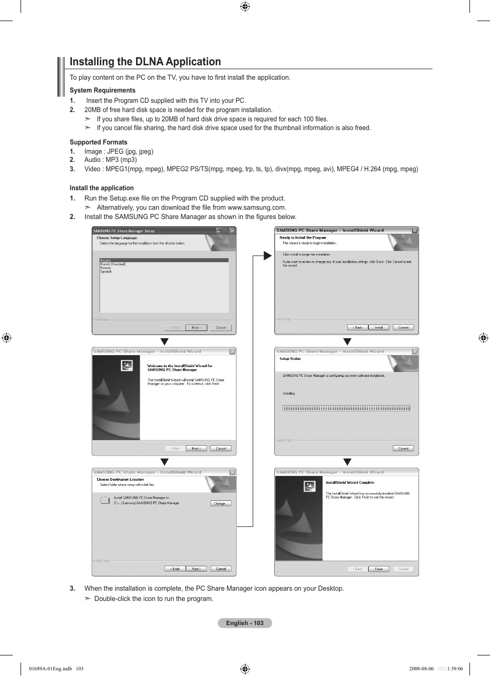 Installing the dlna application | Samsung LN46A950D1FXZA User Manual | Page 105 / 155