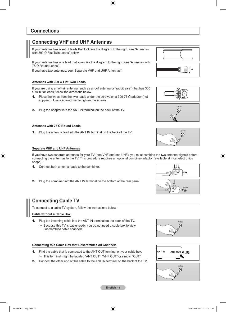 Connections, Connecting vhf and uhf antennas, Connecting cable tv | Samsung LN46A950D1FXZA User Manual | Page 11 / 155