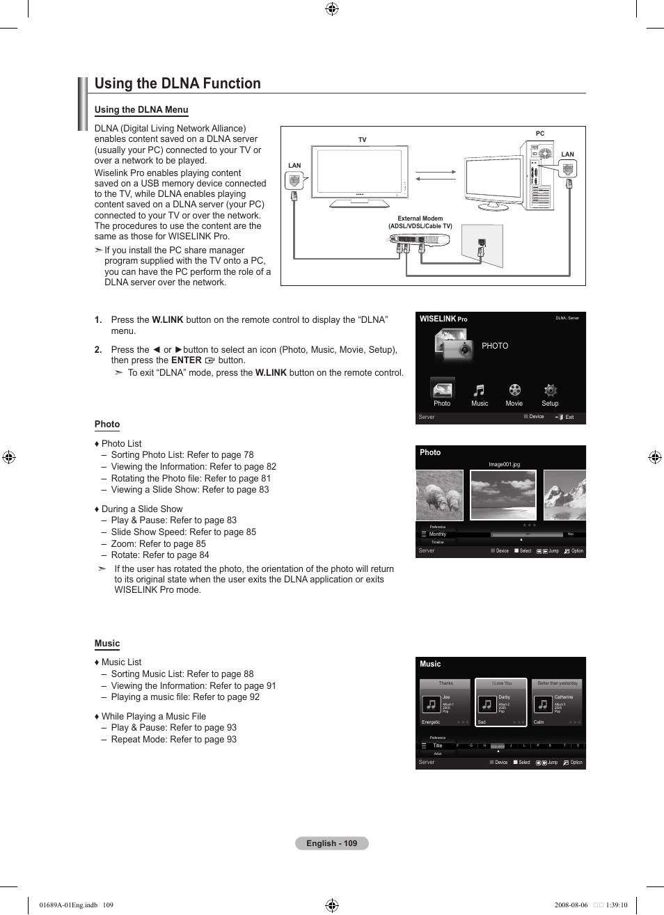 Using the dlna function | Samsung LN46A950D1FXZA User Manual | Page 111 / 155