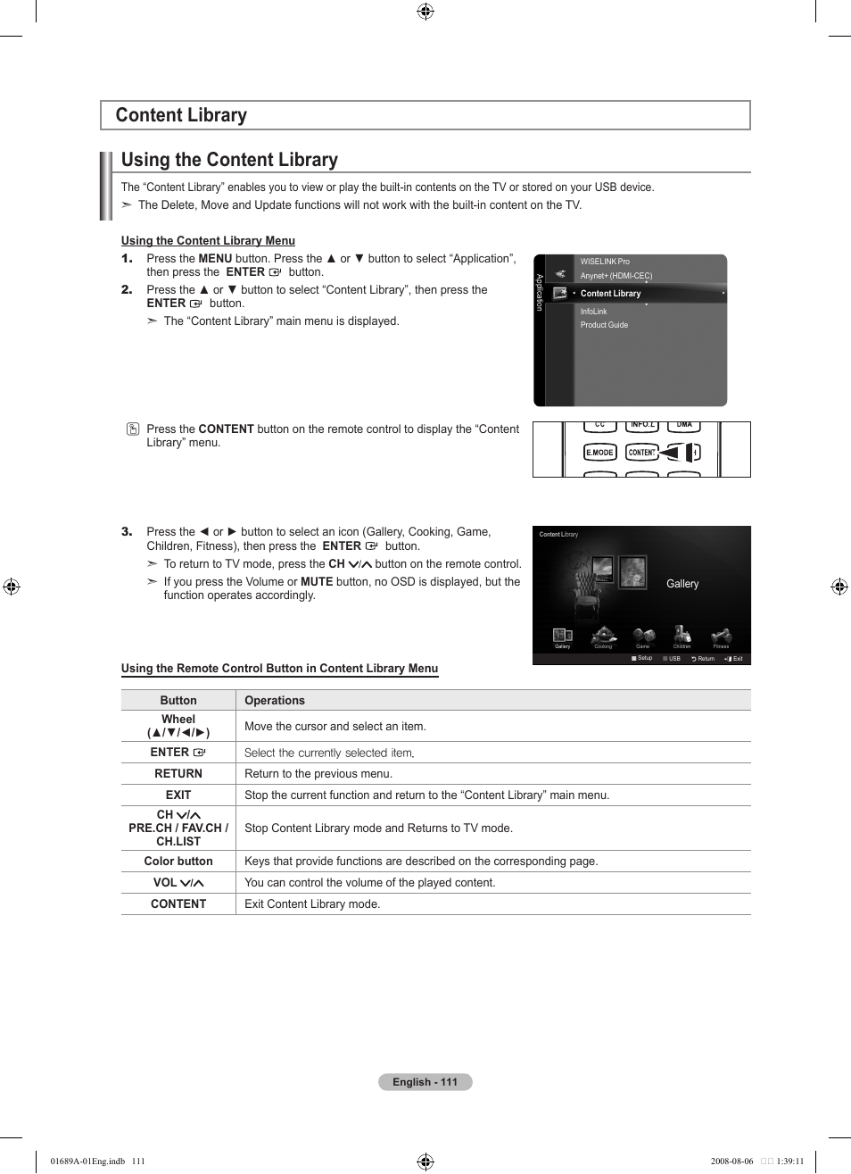 Content library, Using the content library | Samsung LN46A950D1FXZA User Manual | Page 113 / 155