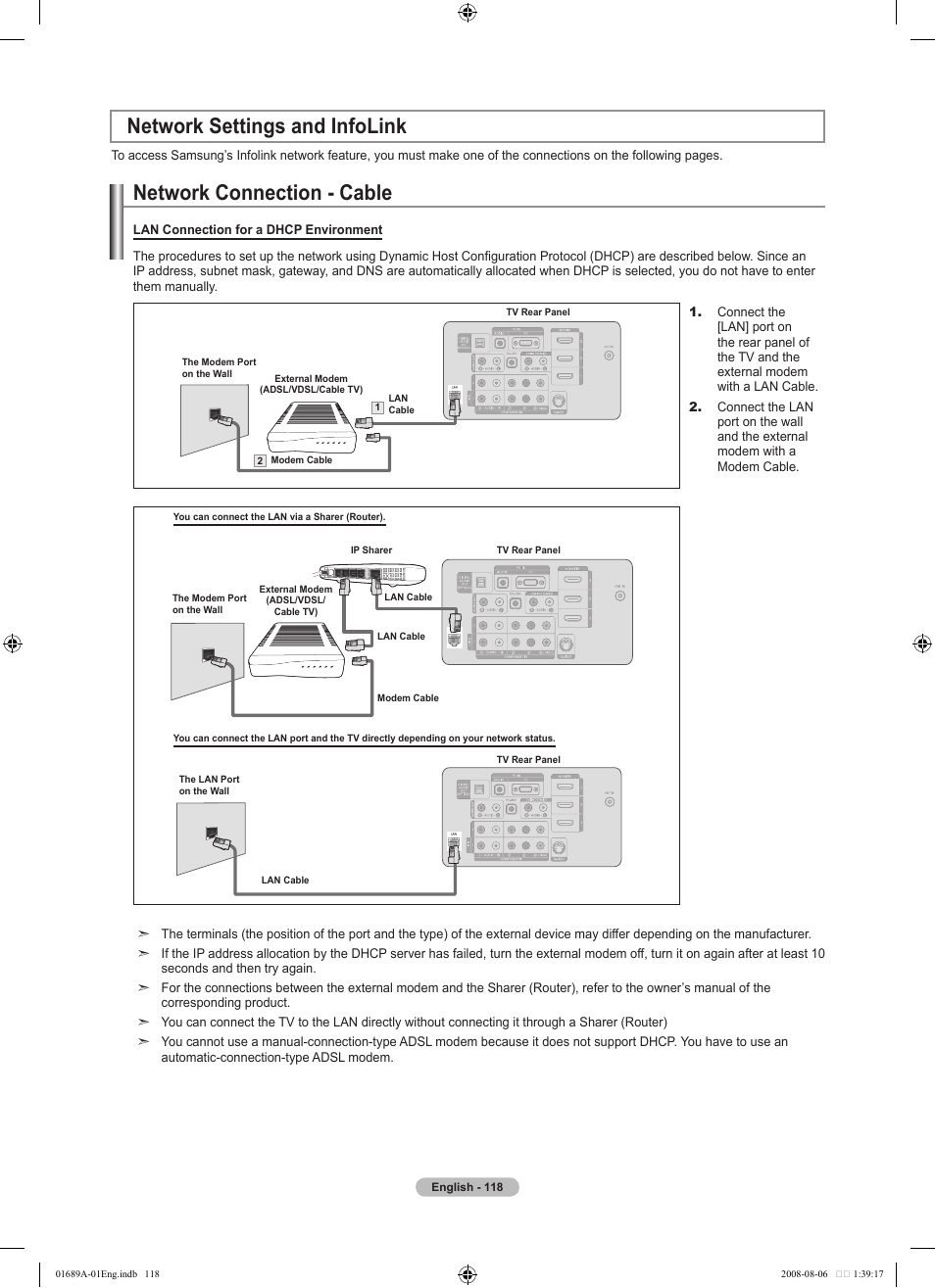 Network settings and infolink, Network connection - cable | Samsung LN46A950D1FXZA User Manual | Page 120 / 155