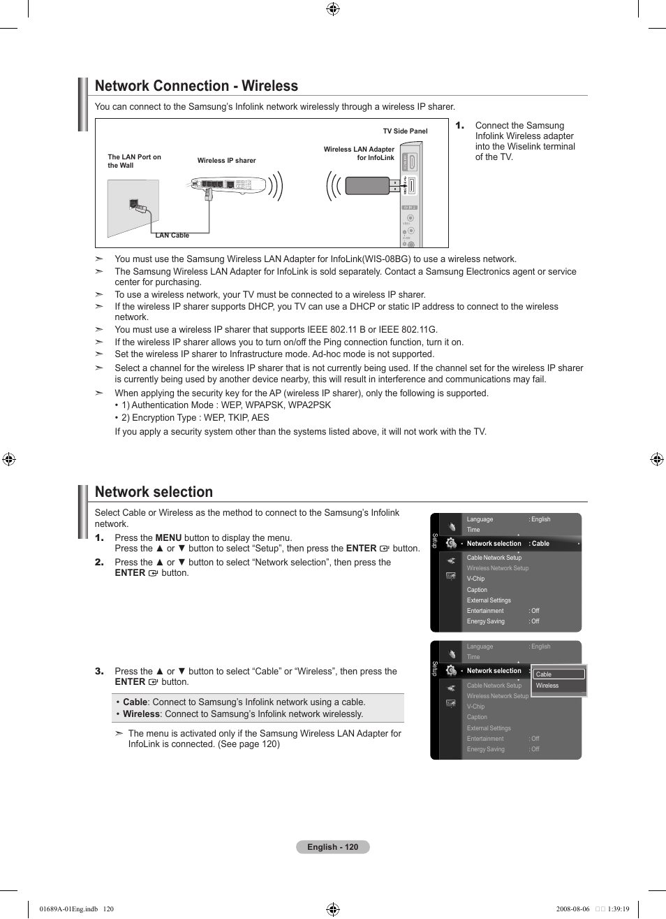 Network connection - wireless, Network selection | Samsung LN46A950D1FXZA User Manual | Page 122 / 155