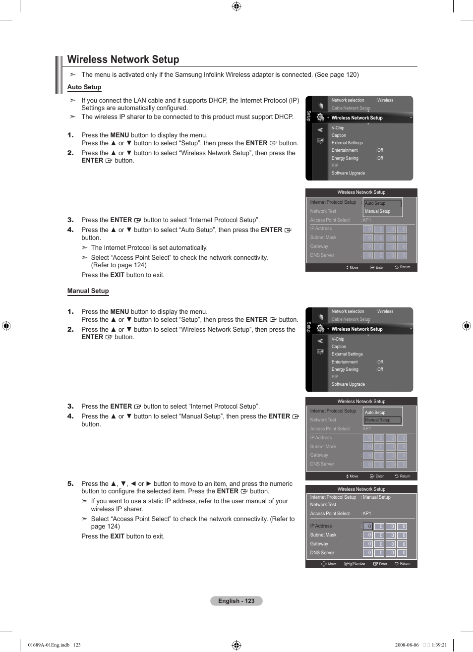 Wireless network setup | Samsung LN46A950D1FXZA User Manual | Page 125 / 155