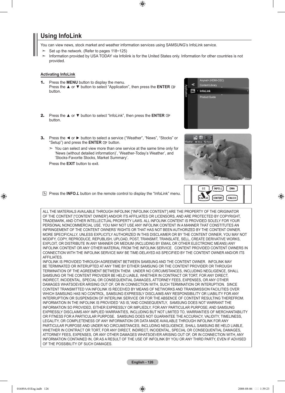 Using infolink | Samsung LN46A950D1FXZA User Manual | Page 128 / 155