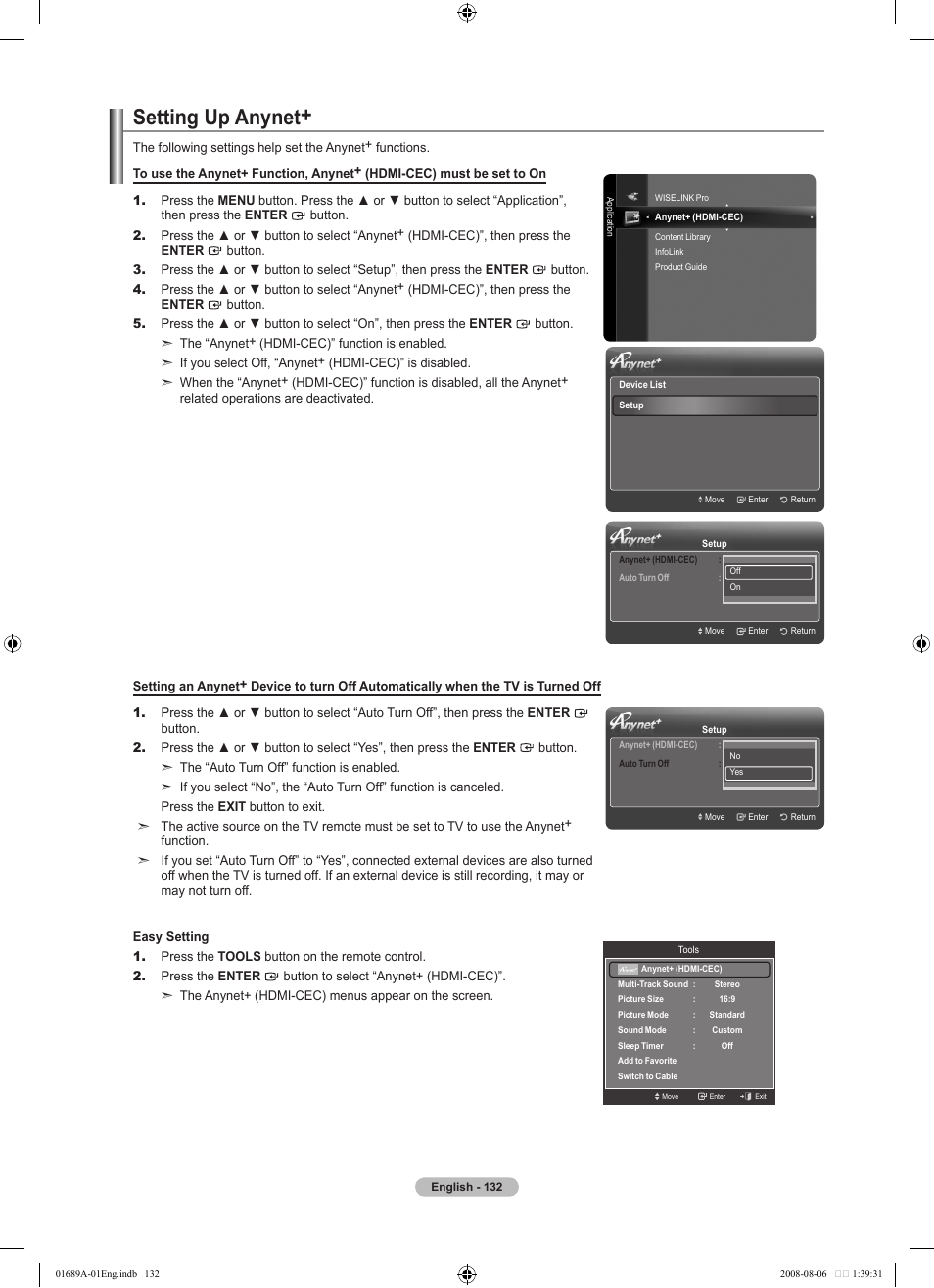 Setting up anynet | Samsung LN46A950D1FXZA User Manual | Page 134 / 155