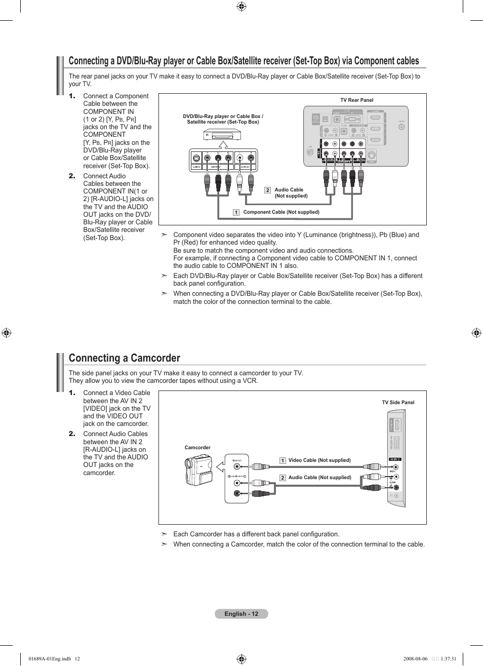 Connecting a camcorder | Samsung LN46A950D1FXZA User Manual | Page 14 / 155