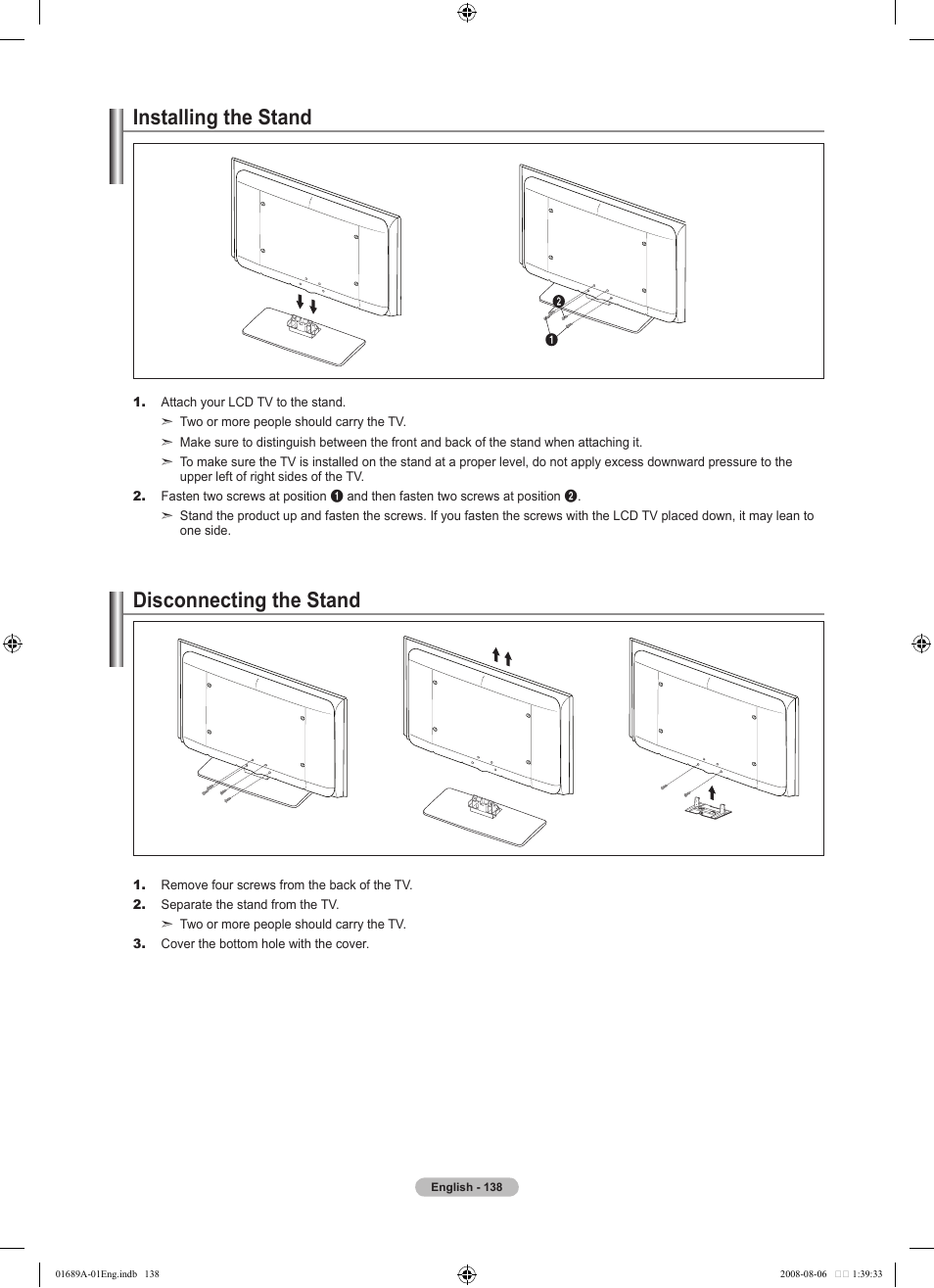 Installing the stand, Disconnecting the stand | Samsung LN46A950D1FXZA User Manual | Page 140 / 155