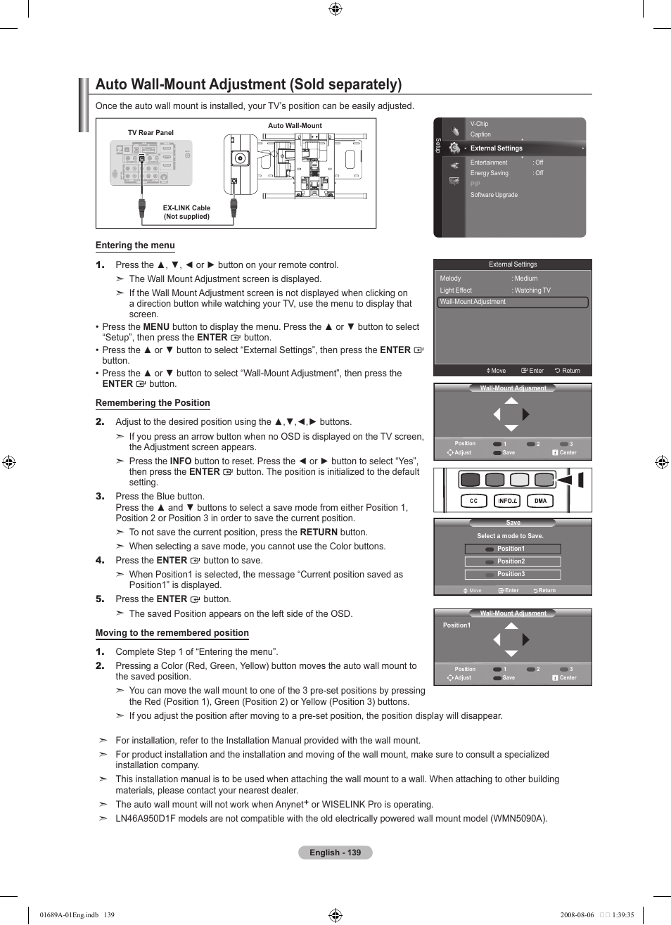 Auto wall-mount adjustment (sold separately) | Samsung LN46A950D1FXZA User Manual | Page 141 / 155