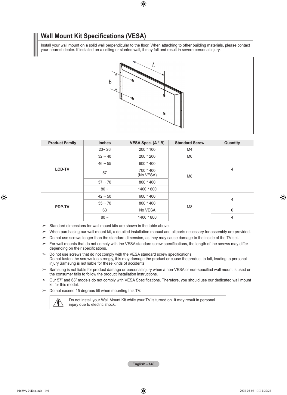 Wall mount kit specifications (vesa) | Samsung LN46A950D1FXZA User Manual | Page 142 / 155