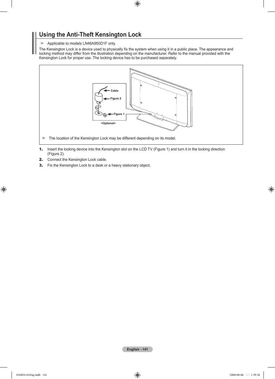 Using the anti-theft kensington lock | Samsung LN46A950D1FXZA User Manual | Page 143 / 155