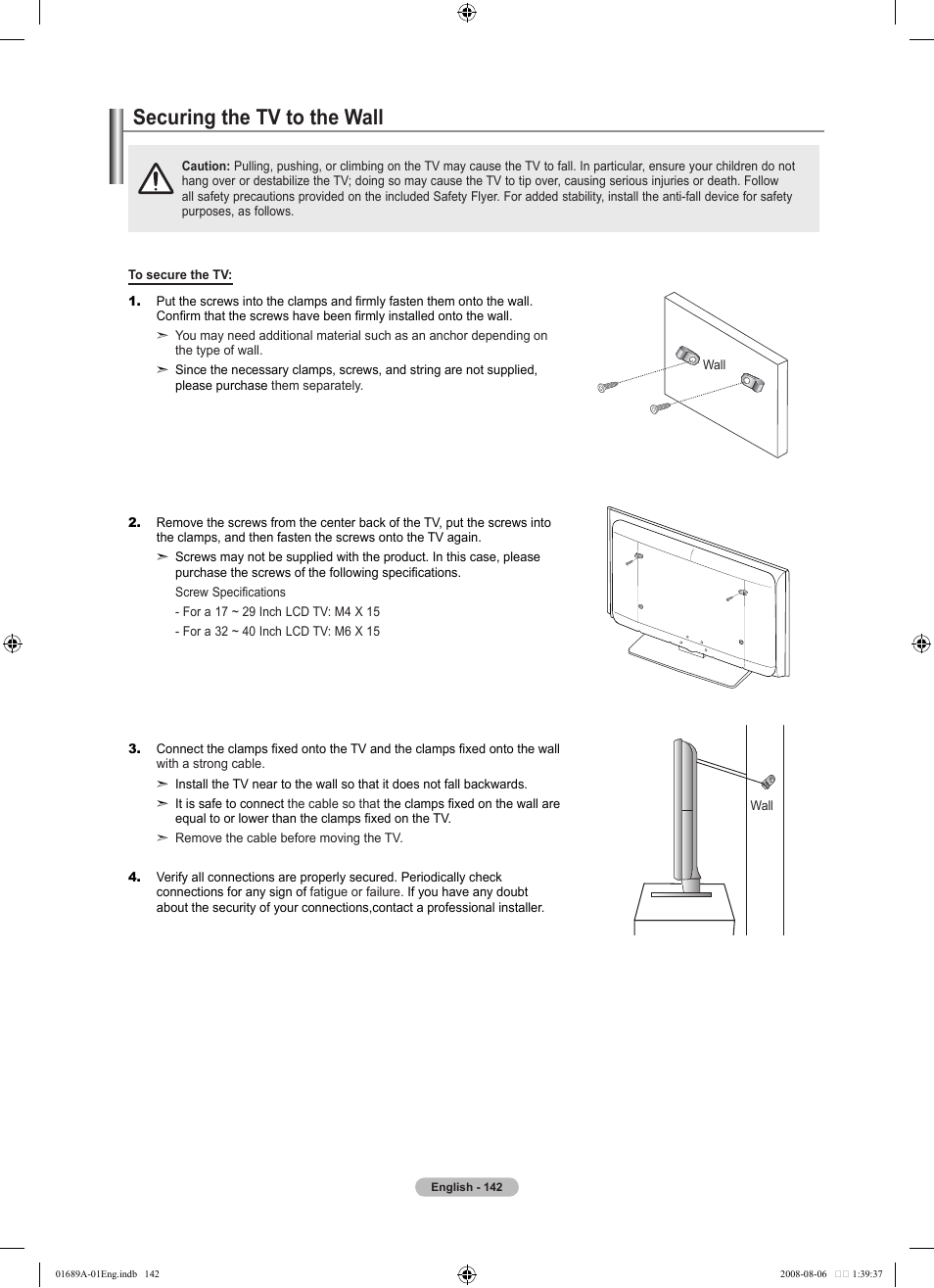 Securing the tv to the wall, 경고 주의 경고 주의 | Samsung LN46A950D1FXZA User Manual | Page 144 / 155