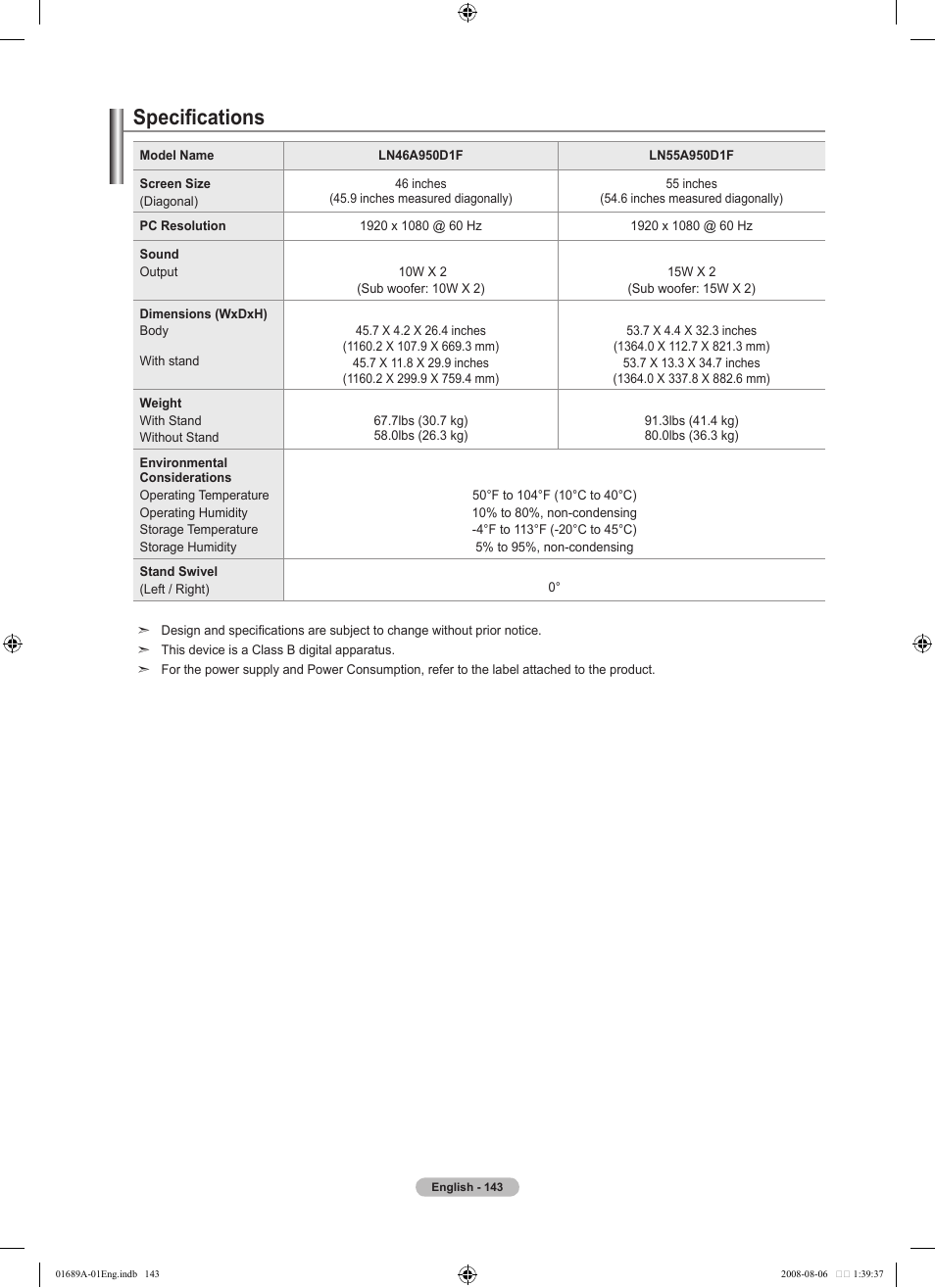 Specifications | Samsung LN46A950D1FXZA User Manual | Page 145 / 155