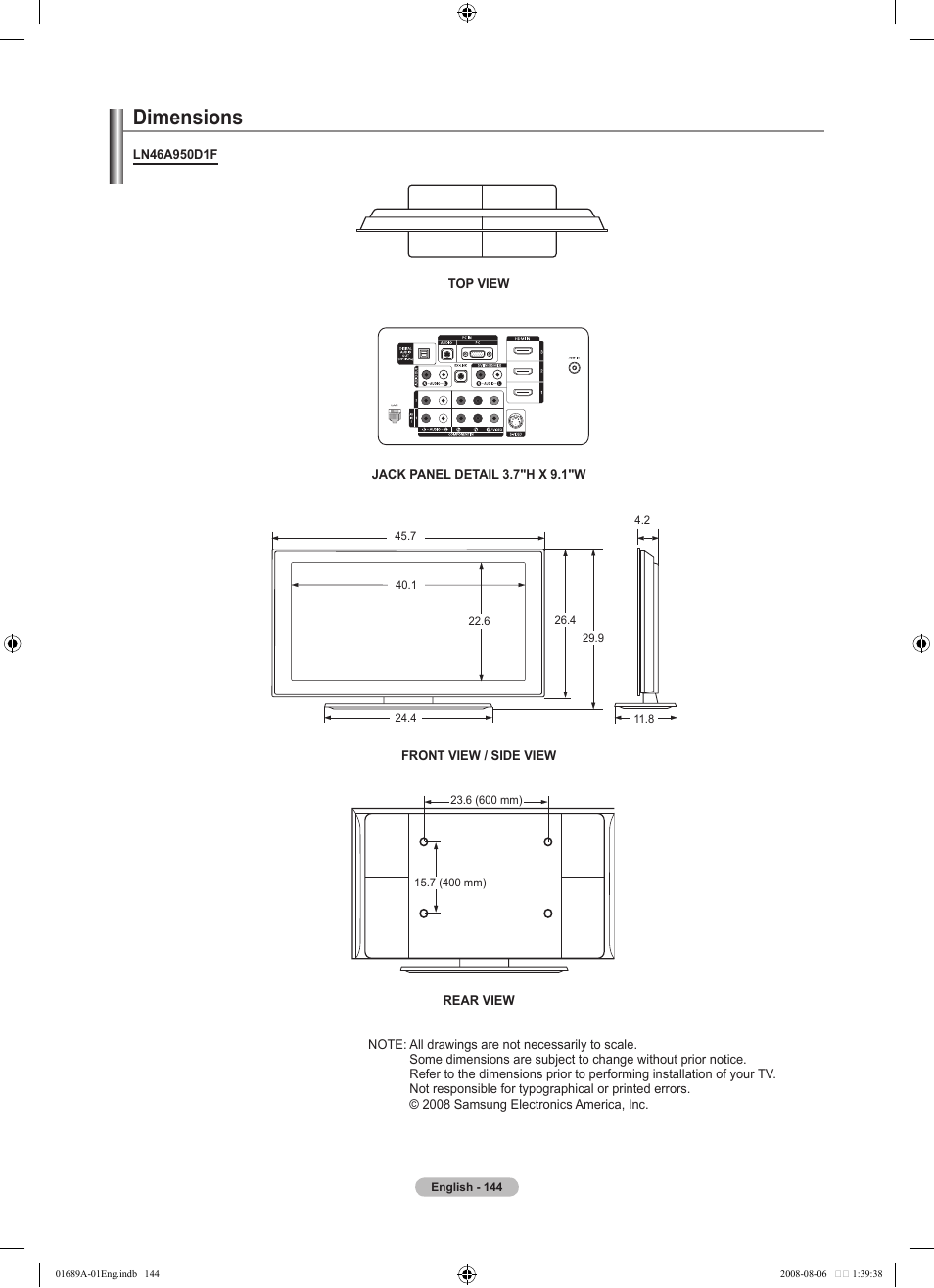 Dimensions | Samsung LN46A950D1FXZA User Manual | Page 146 / 155