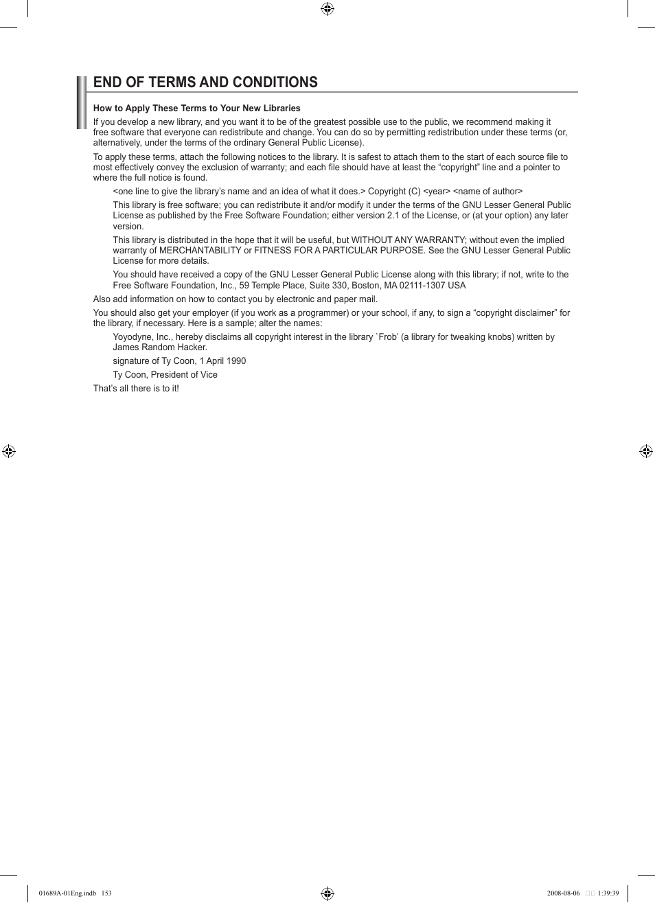 End of terms and conditions | Samsung LN46A950D1FXZA User Manual | Page 155 / 155