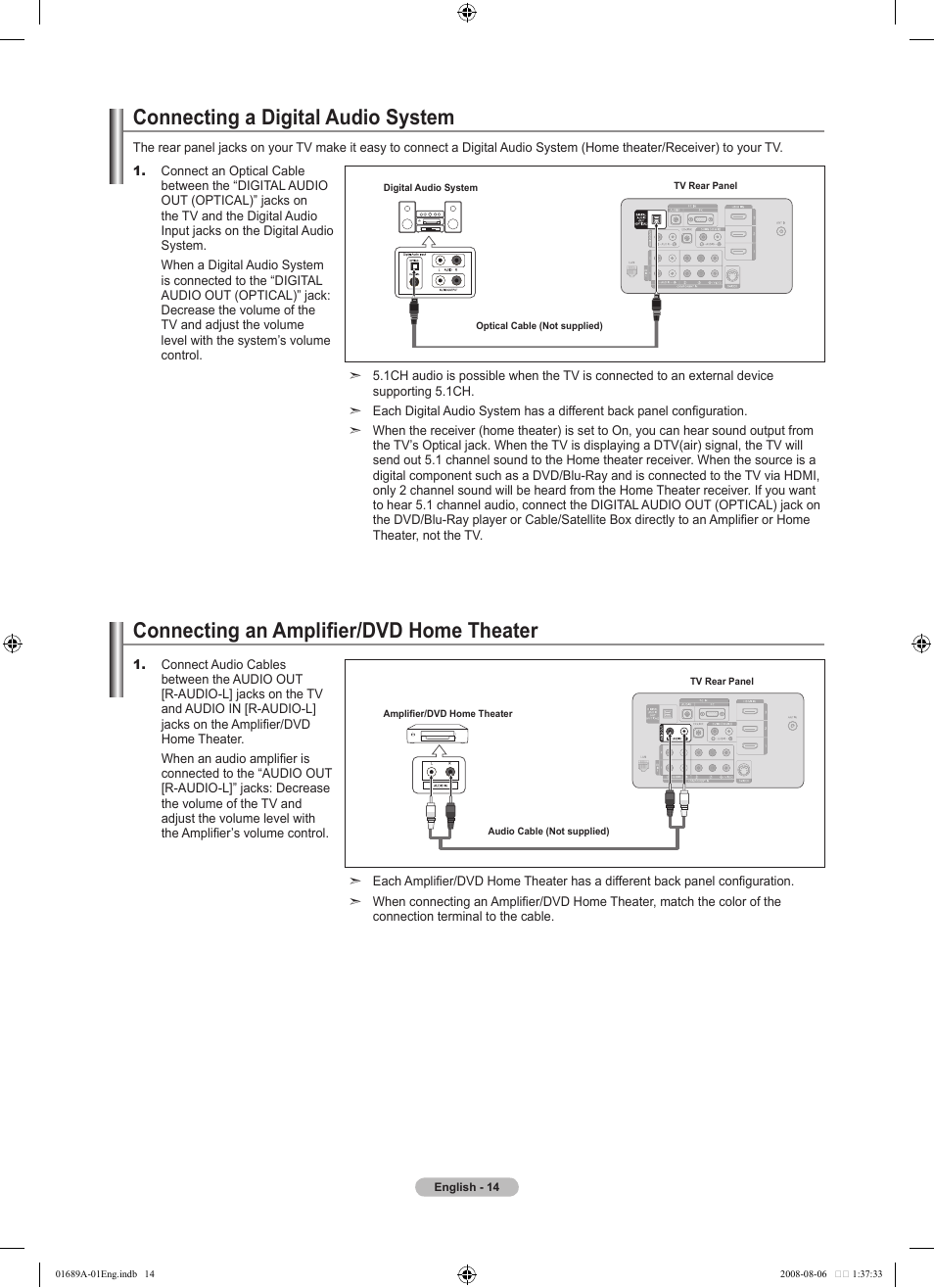 Connecting a digital audio system, Connecting an amplifier/dvd home theater | Samsung LN46A950D1FXZA User Manual | Page 16 / 155