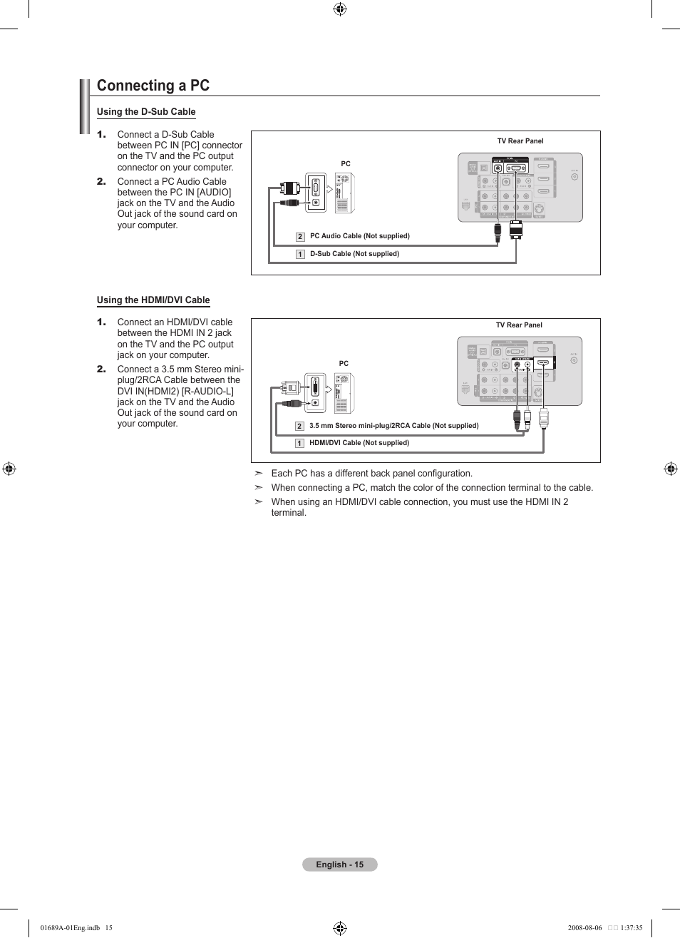 Connecting a pc | Samsung LN46A950D1FXZA User Manual | Page 17 / 155