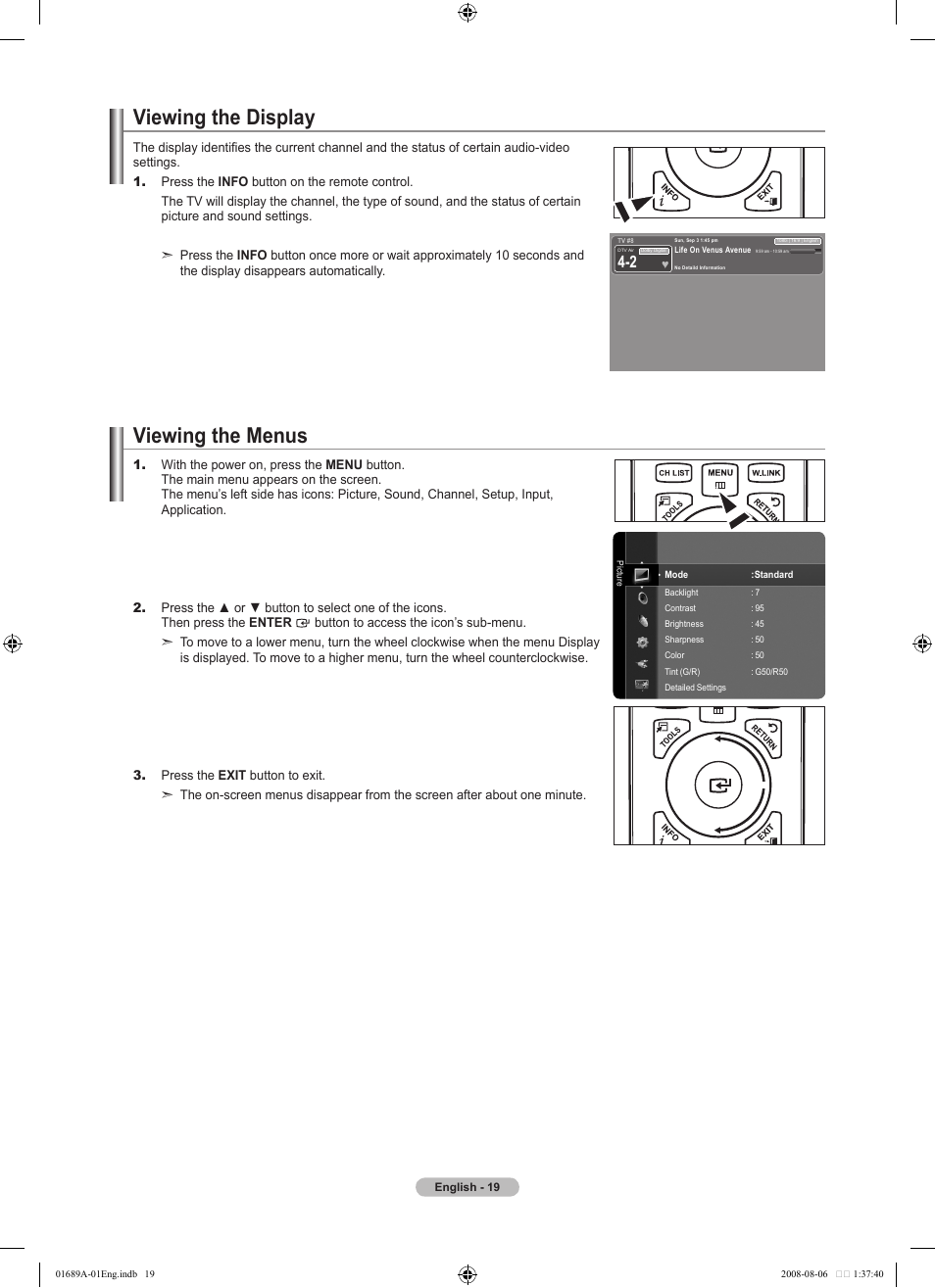 Viewing the display, Viewing the menus | Samsung LN46A950D1FXZA User Manual | Page 21 / 155