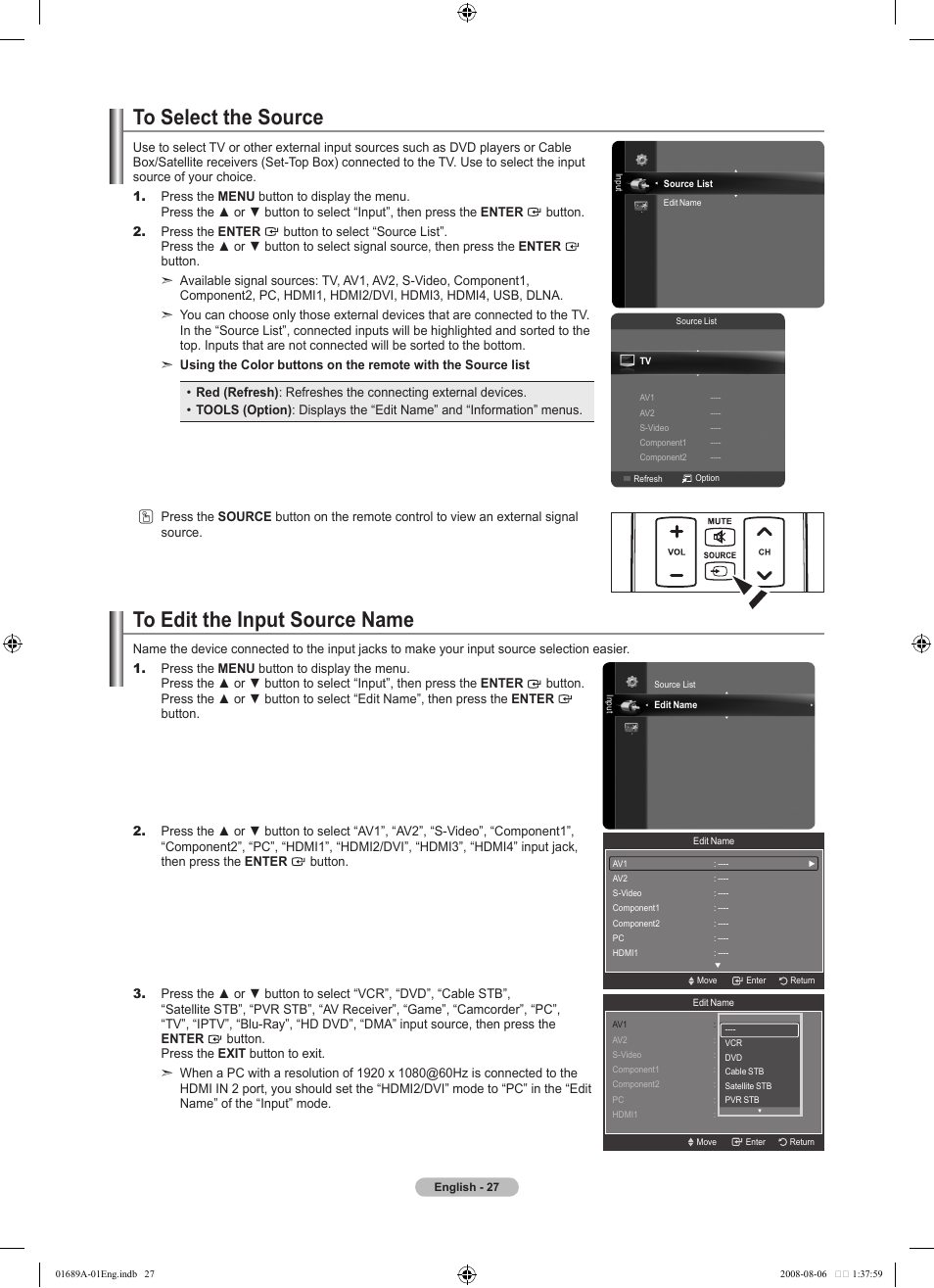 To select the source, To edit the input source name | Samsung LN46A950D1FXZA User Manual | Page 29 / 155