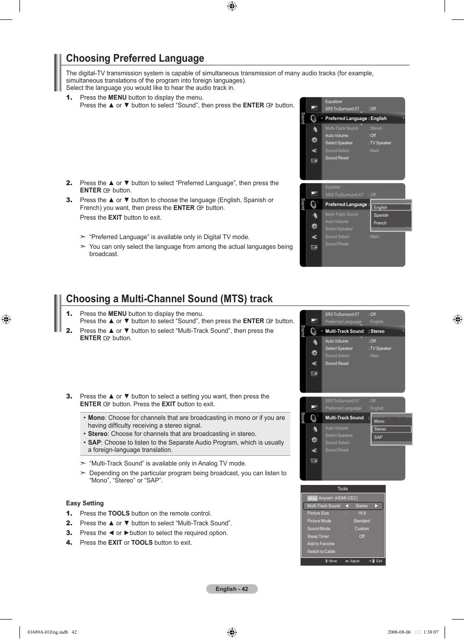 Choosing preferred language, Choosing a multi-channel sound (mts) track | Samsung LN46A950D1FXZA User Manual | Page 44 / 155