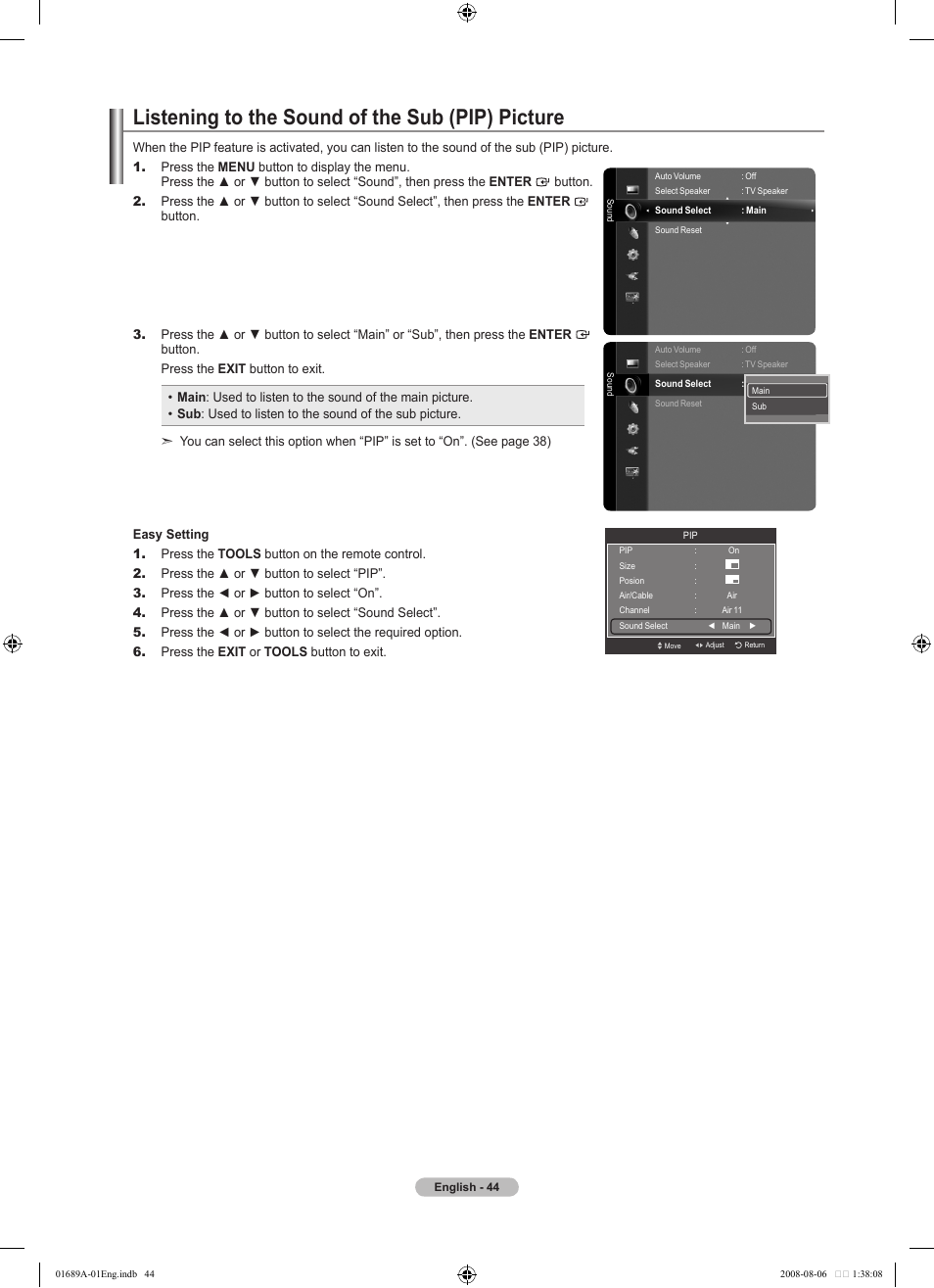 Listening to the sound of the sub (pip) picture | Samsung LN46A950D1FXZA User Manual | Page 46 / 155