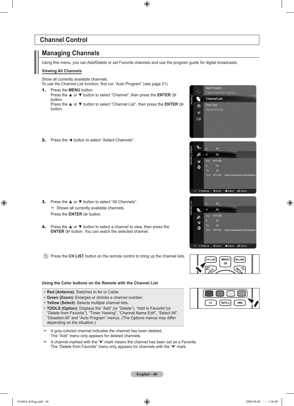 Channel control, Managing channels | Samsung LN46A950D1FXZA User Manual | Page 48 / 155