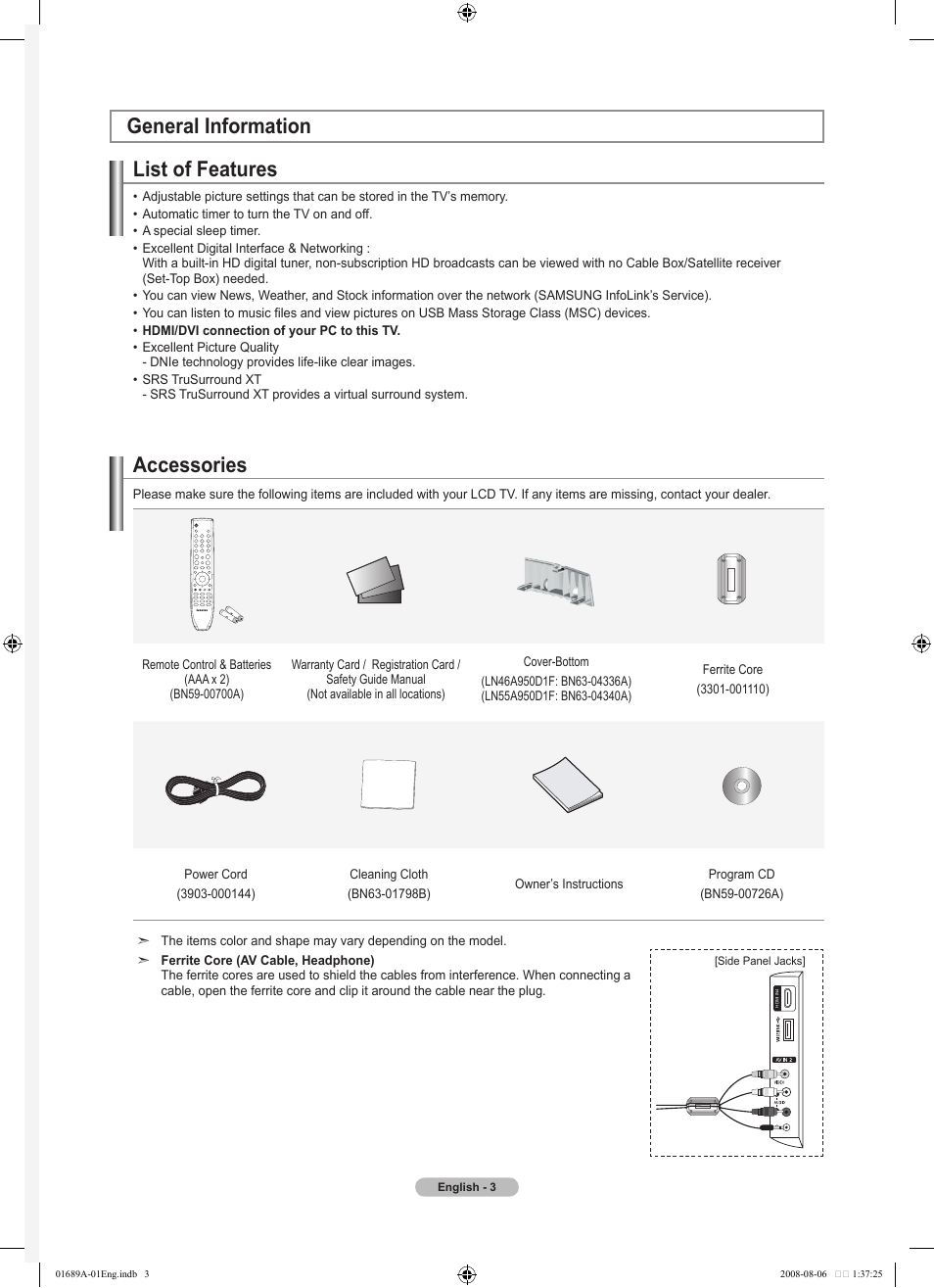 General information, List of features, Accessories | Samsung LN46A950D1FXZA User Manual | Page 5 / 155