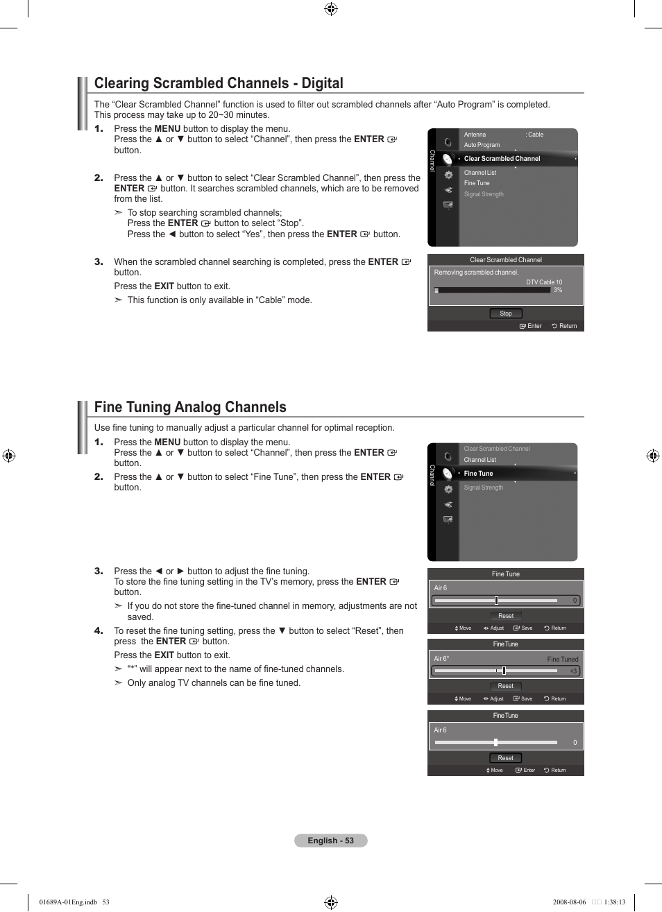 Clearing scrambled channels - digital, Fine tuning analog channels | Samsung LN46A950D1FXZA User Manual | Page 55 / 155