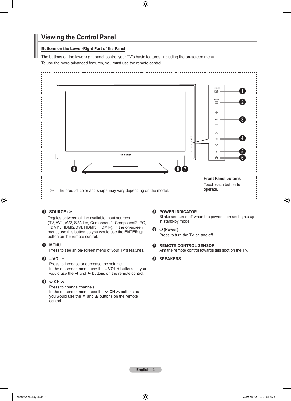 Viewing the control panel | Samsung LN46A950D1FXZA User Manual | Page 6 / 155