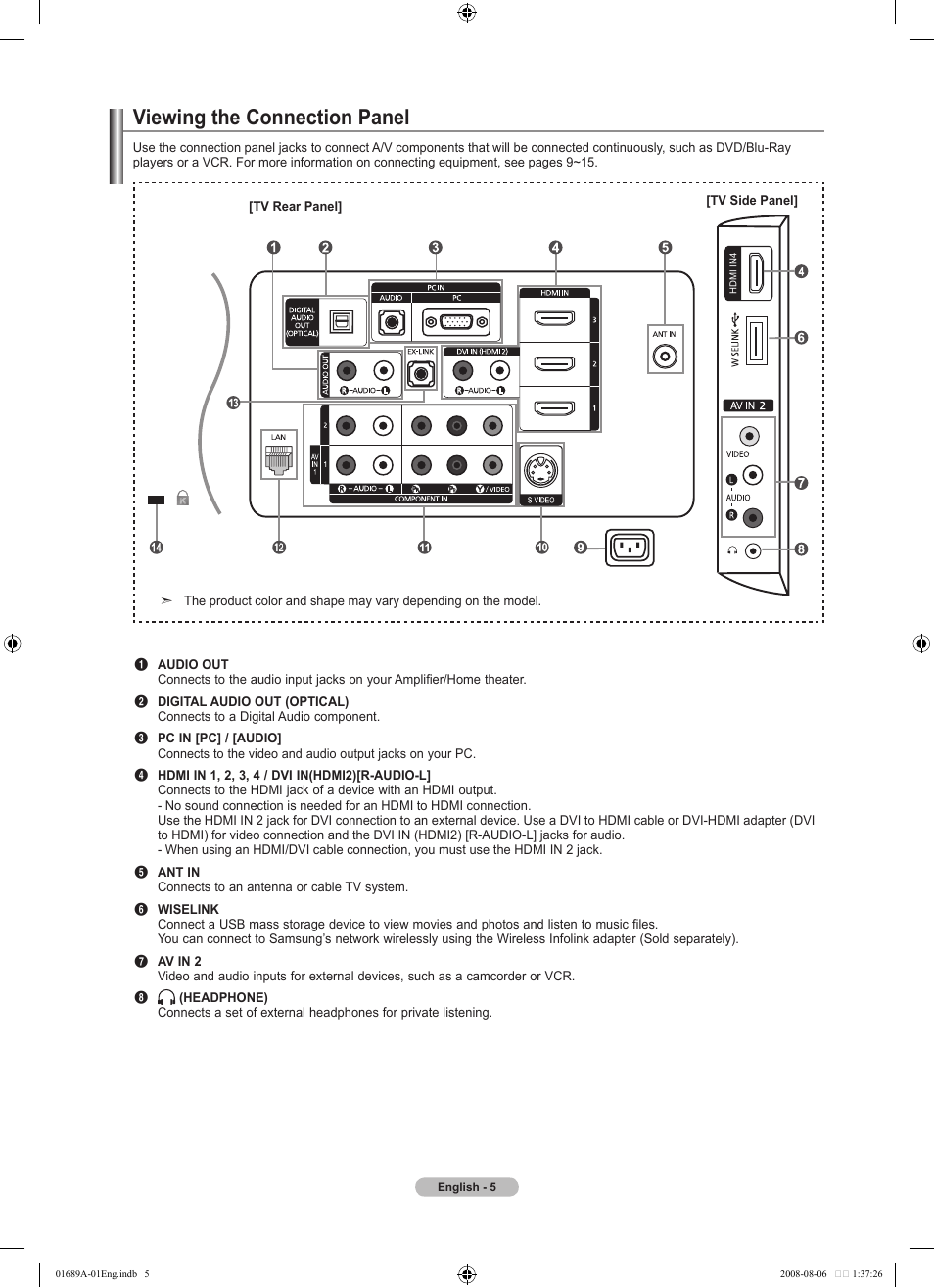 Viewing the connection panel | Samsung LN46A950D1FXZA User Manual | Page 7 / 155