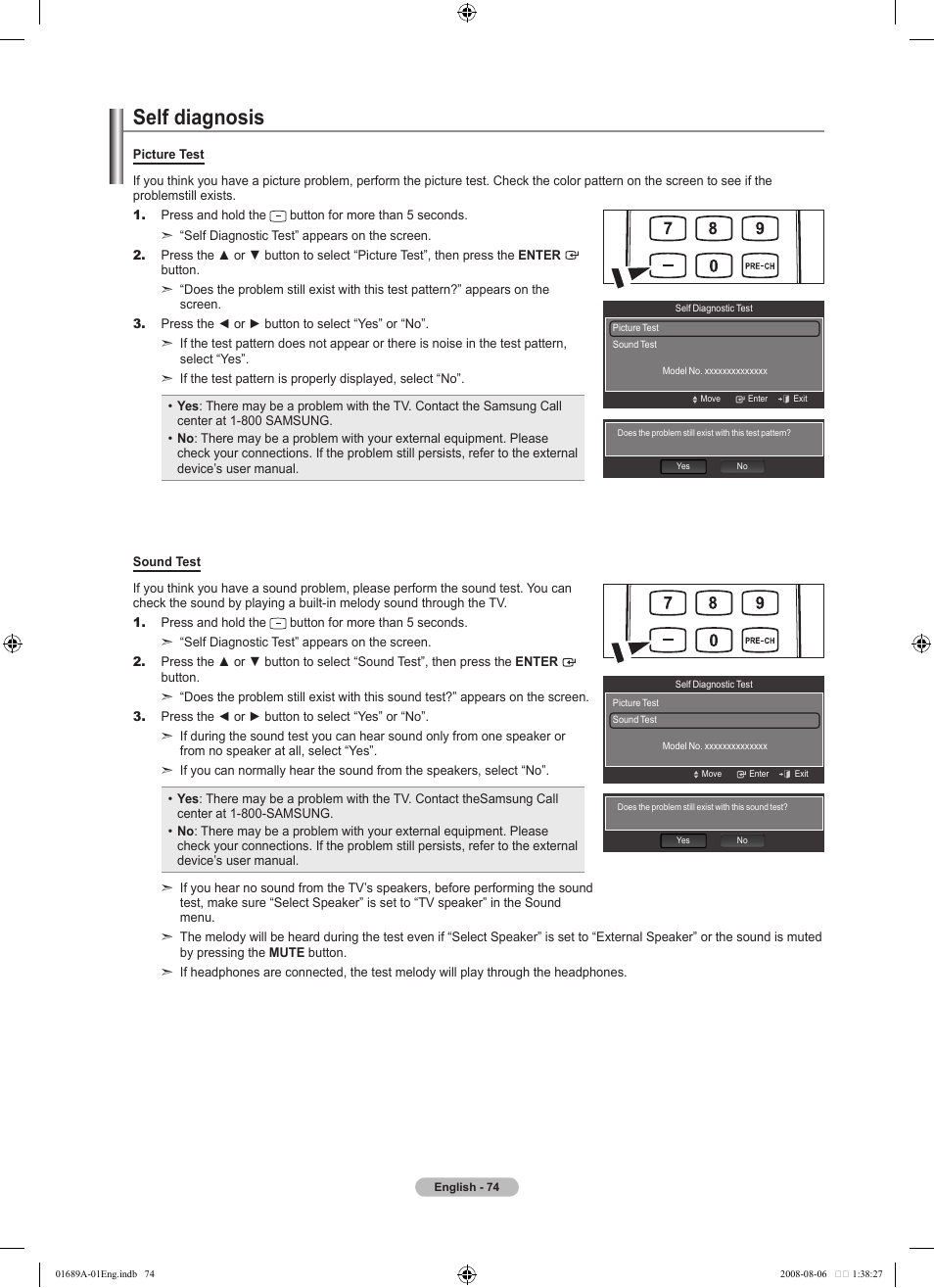 Self diagnosis | Samsung LN46A950D1FXZA User Manual | Page 76 / 155