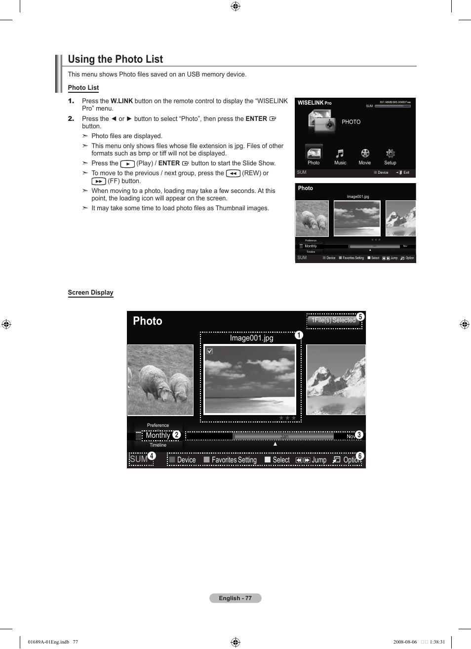 Using the photo list, Photo, Device  favorites setting  select jump option | Image001.jpg, Monthly | Samsung LN46A950D1FXZA User Manual | Page 79 / 155