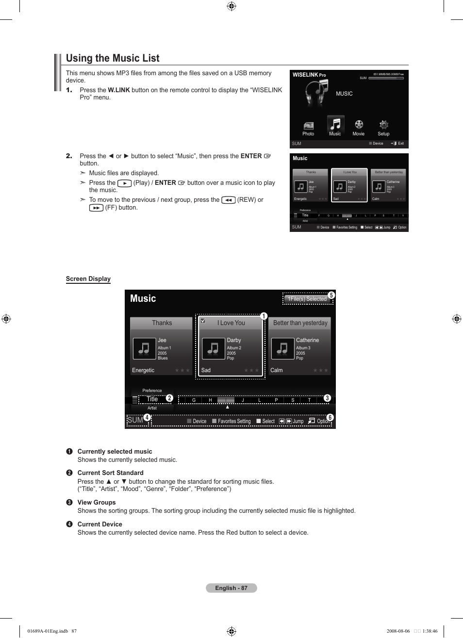 Using the music list, Music, Title | I love you, Better than yesterday | Samsung LN46A950D1FXZA User Manual | Page 89 / 155