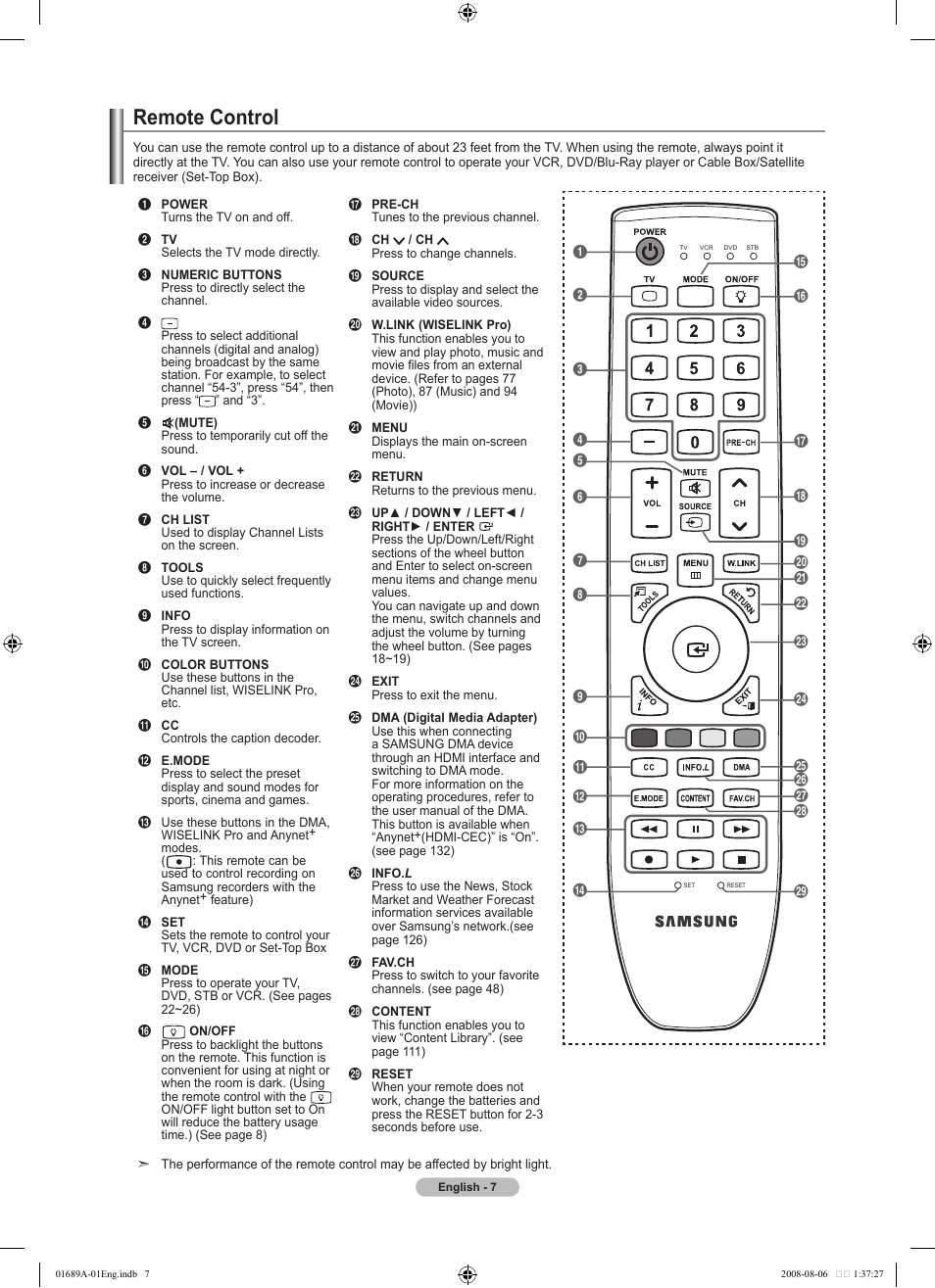 Remote control | Samsung LN46A950D1FXZA User Manual | Page 9 / 155