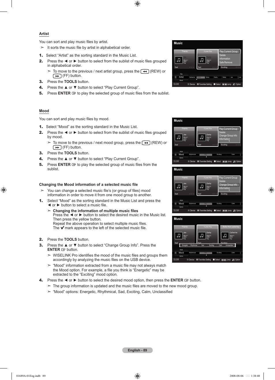 English - 89, Music | Samsung LN46A950D1FXZA User Manual | Page 91 / 155