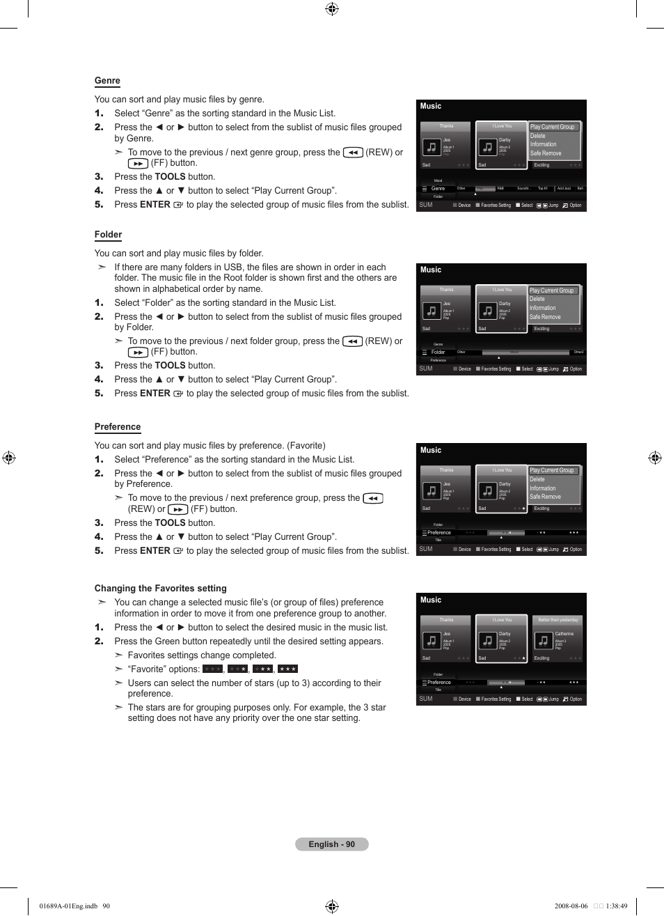 English - 90, Music | Samsung LN46A950D1FXZA User Manual | Page 92 / 155