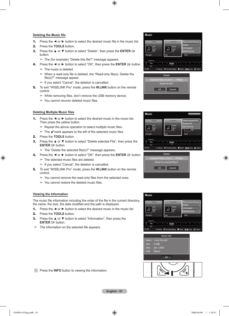 English - 91, Music | Samsung LN46A950D1FXZA User Manual | Page 93 / 155