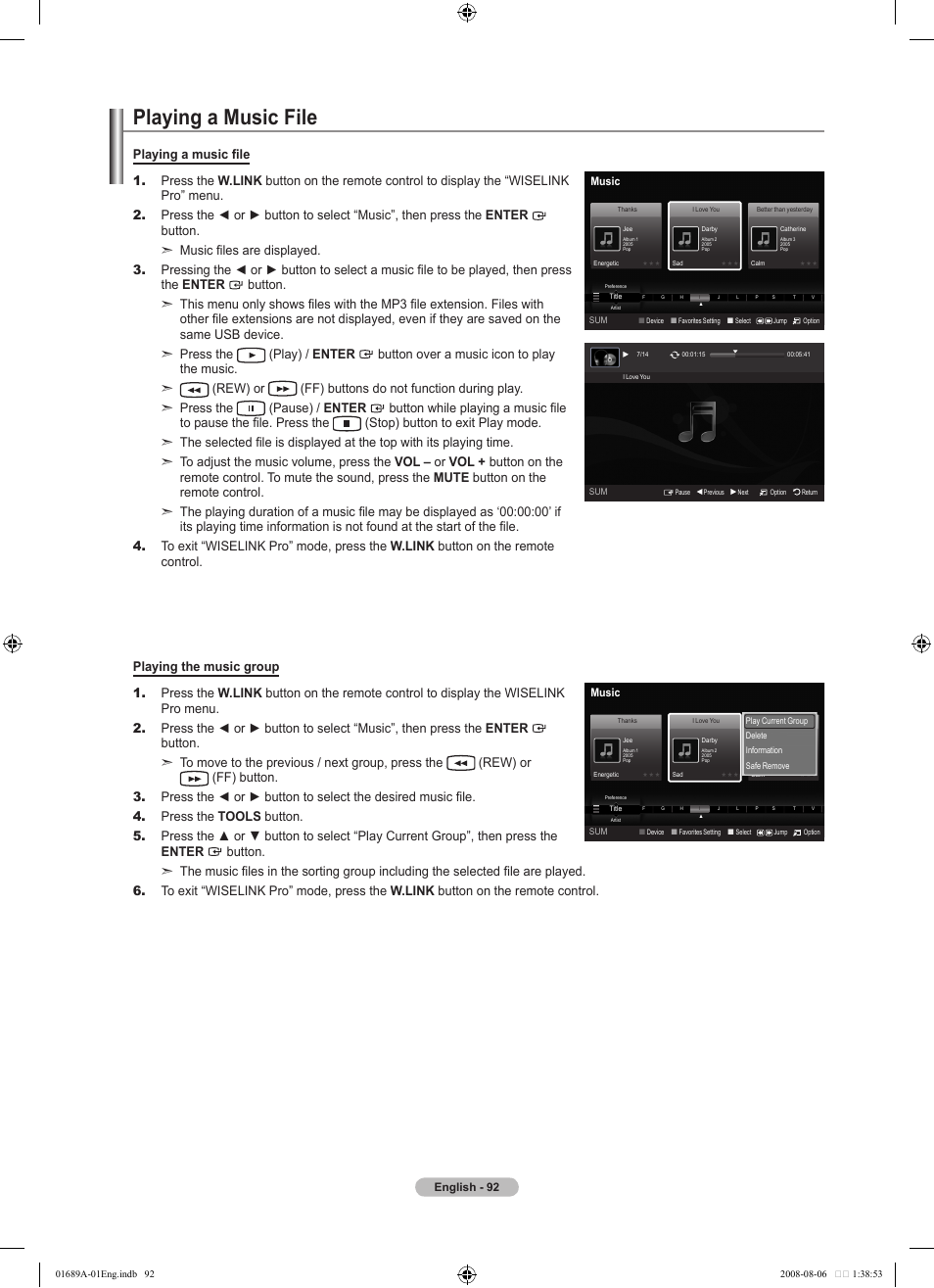 Playing a music file | Samsung LN46A950D1FXZA User Manual | Page 94 / 155