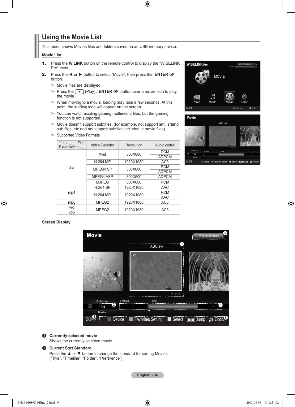 Using the movie list, Movie, Device  favorites setting  select jump option | Samsung LN46A950D1FXZA User Manual | Page 96 / 155